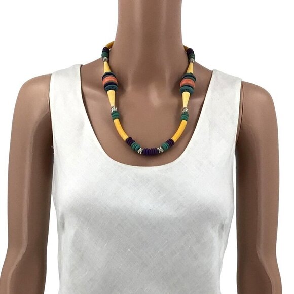 Vintage Beaded Necklace Yellow Red Blue Green Purple 22 Inch Length - Picture 2 of 2